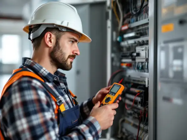 Electrician inspecting panel