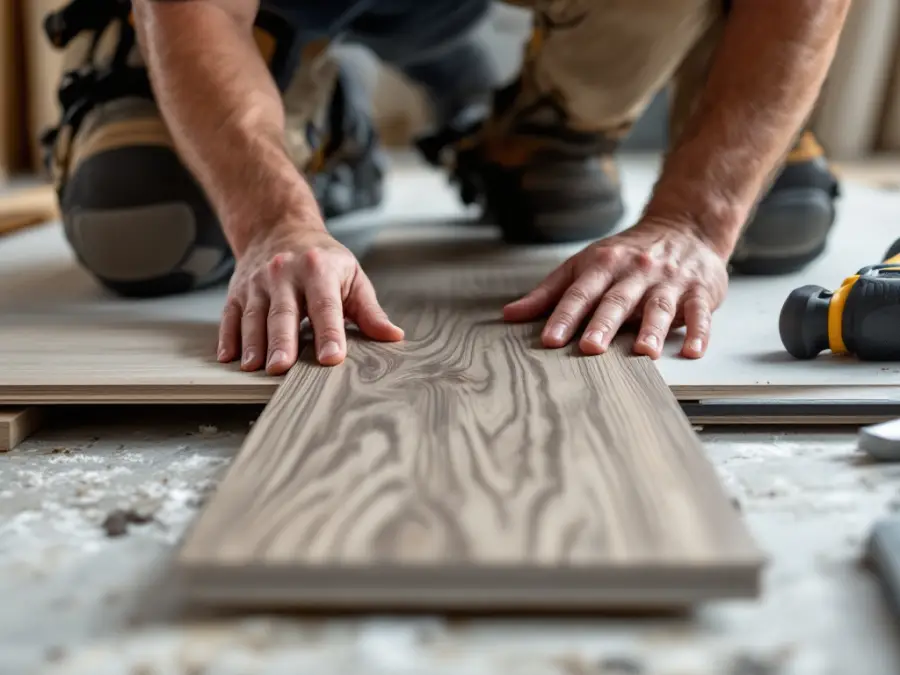 Installer fitting luxury vinyl plank flooring