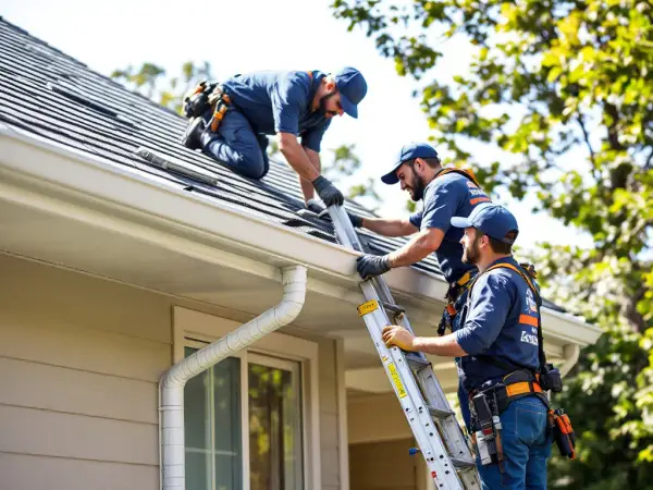 Pro installing gutters on residential roofline