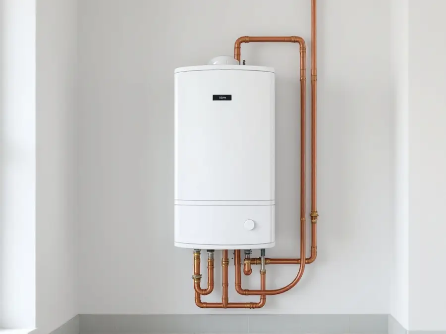 New tank water heater in a clean utility room